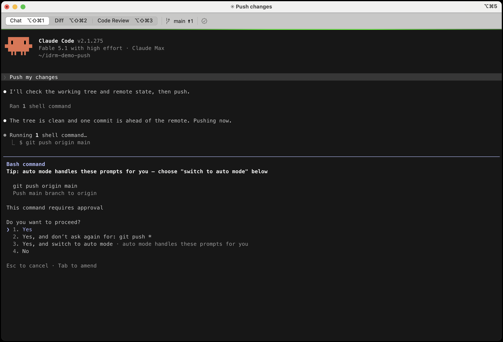 Claude Code with the authority hook off: the ordinary approval prompt for a git push, cancelled