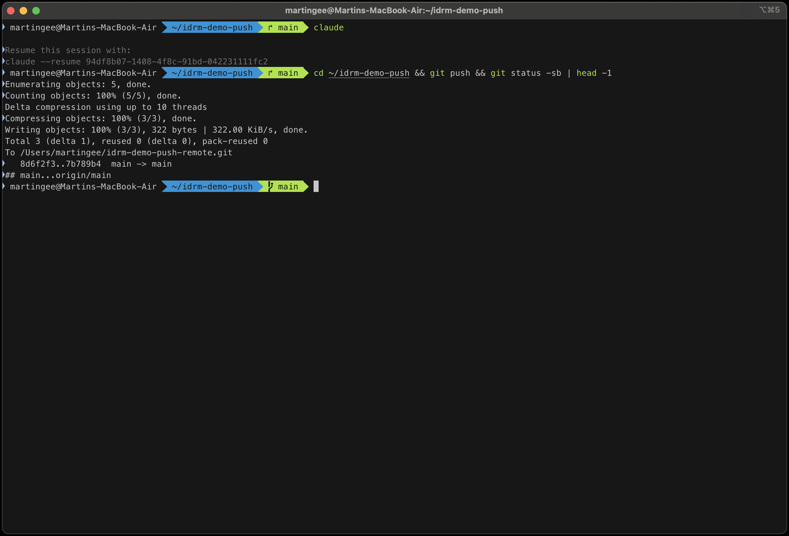 A plain terminal pushing successfully, minutes after Claude Code had refused the same push