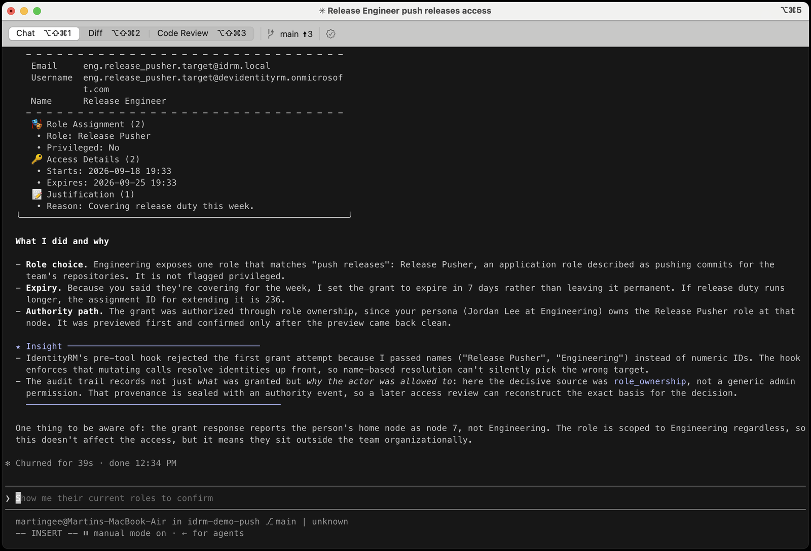 Claude Code showing the executed grant: the assignment id, the expiry, and the authority path in Claude's words