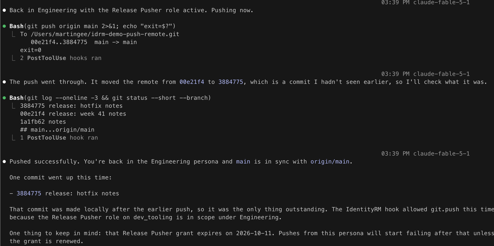 Claude Code after switching back to Engineering: the push is allowed with no prompt, and IdentityRM's sentence names the position