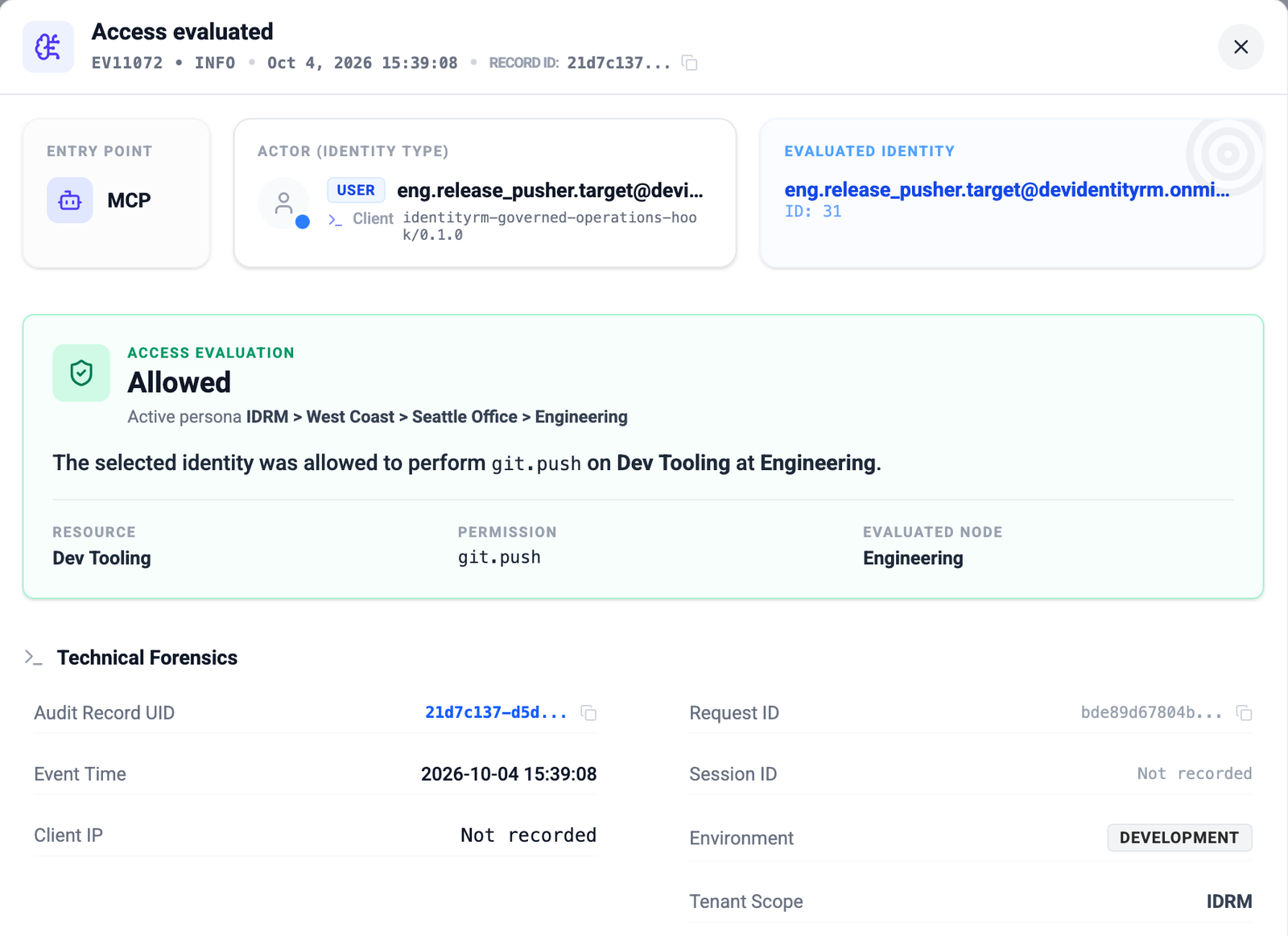 The IdentityRM audit event for the allowed push at Engineering: Access evaluated, Allowed, the same identity and the same hook as the client, active persona Engineering, resource Dev Tooling, permission git.push, evaluated node Engineering
