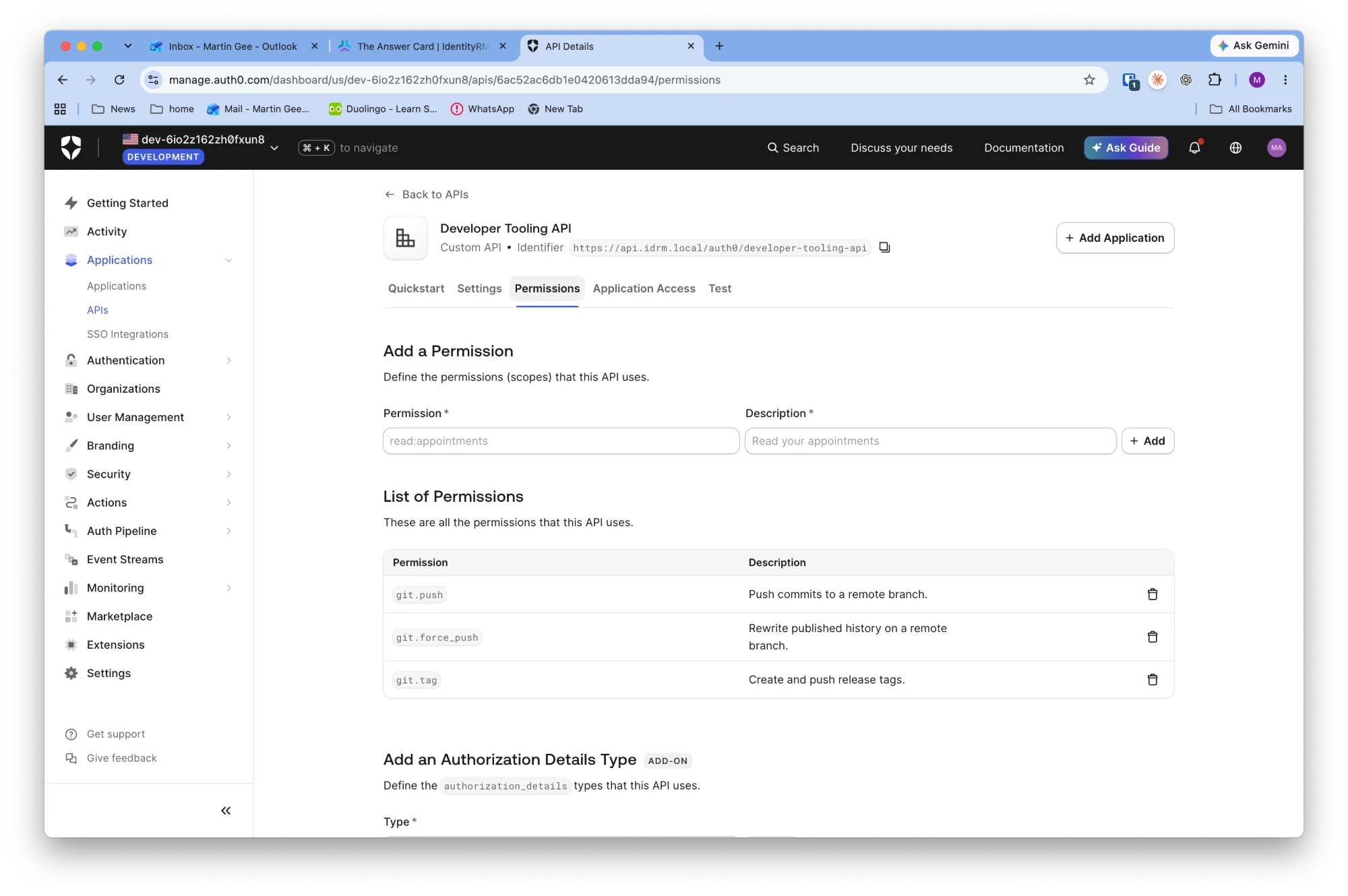 Auth0 console showing the Developer Tooling API with the permissions git.push, git.force_push and git.tag