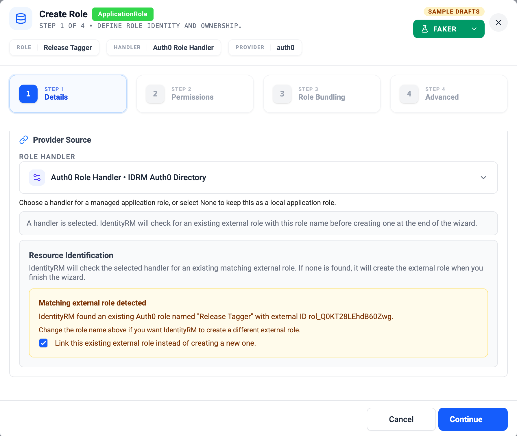 IdentityRM Create Role wizard with the Auth0 Role Handler selected, reporting a matching external role named Release Tagger and offering to link it