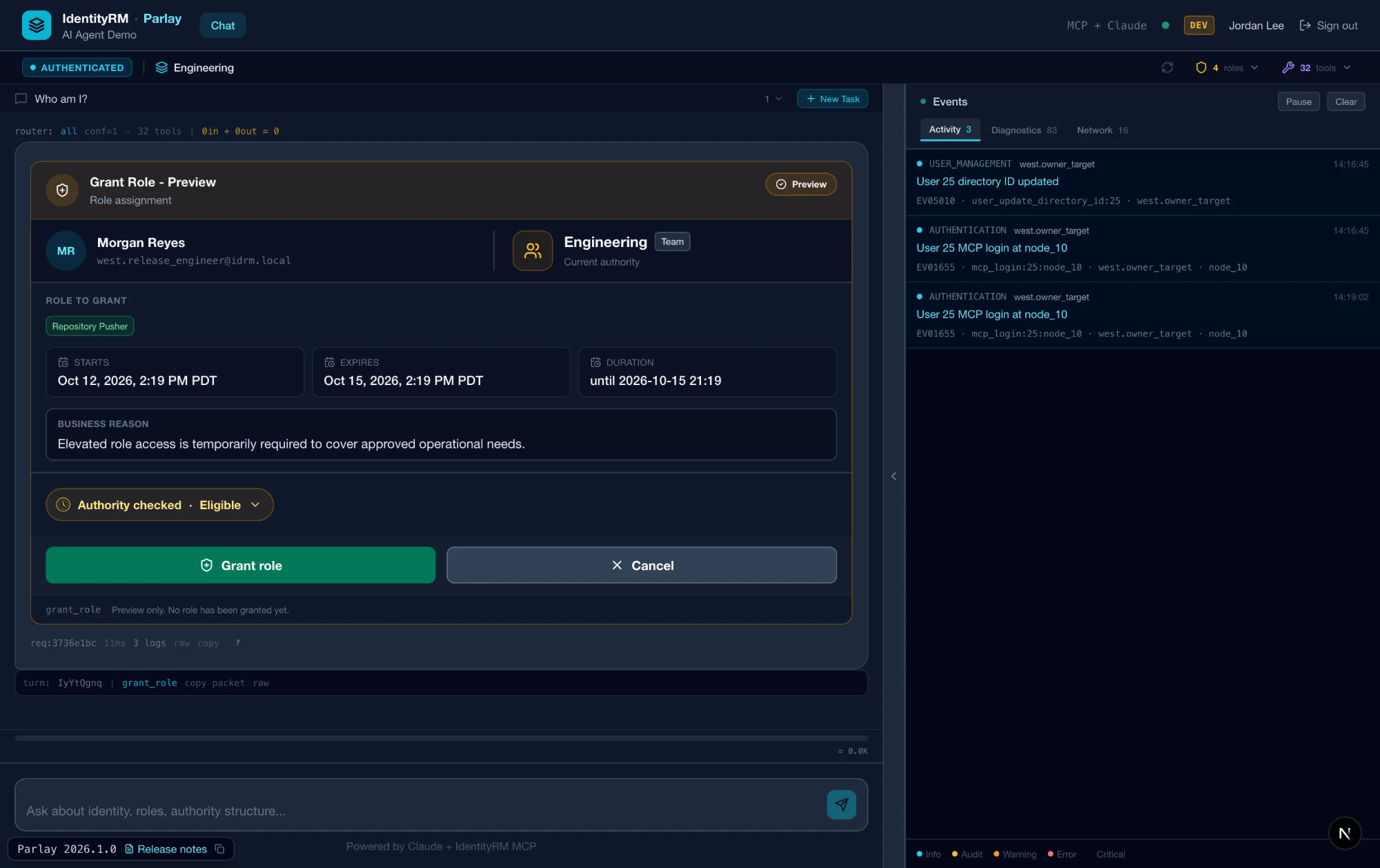 Parlay Grant Role preview: Morgan Reyes at Engineering, Repository Pusher, starts 12 October 2026 2:19 PM PDT, expires 15 October 2026 2:19 PM PDT, business reason, Authority checked Eligible, Grant role button