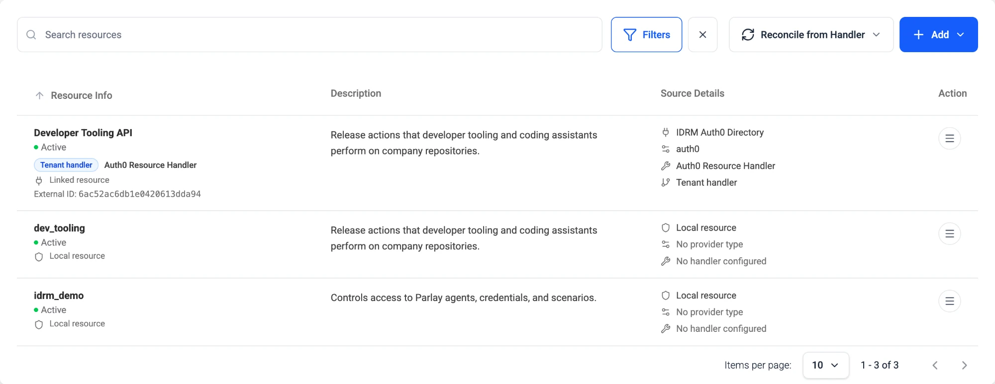 IdentityRM resources list showing Developer Tooling API linked to Auth0 beside the native dev_tooling resource